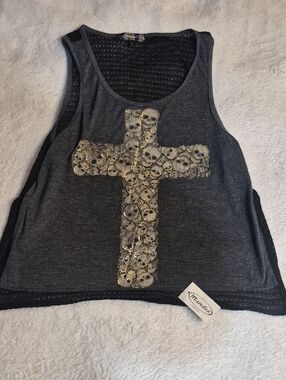 mandee Dark Gray Skull Cross Tank Top with Metallic Accents